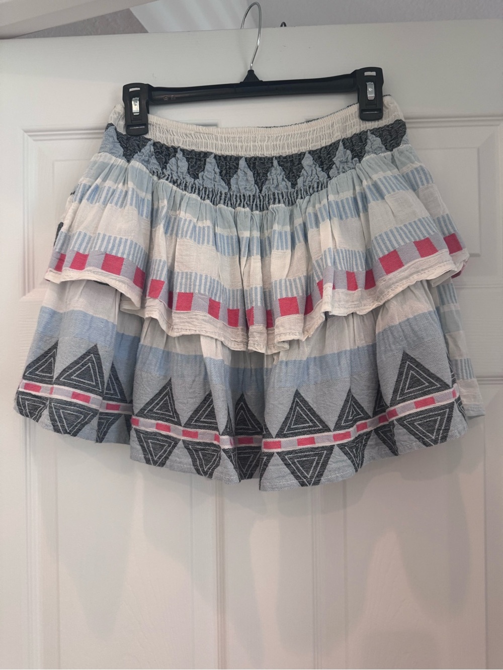 Tiered Mini Skirt in Light Blue, White & Pink Accent